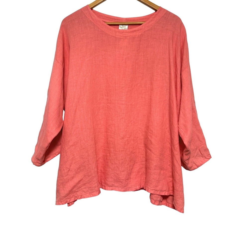 Match Point USA Linen Top Womens L Coral Pink Boxy Oversized Roll Tab Sleeve